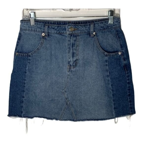 Altar’d State Denim Mini Skirt S Raw Hem Distressed Blue Jean Casual - Picture 1 of 6